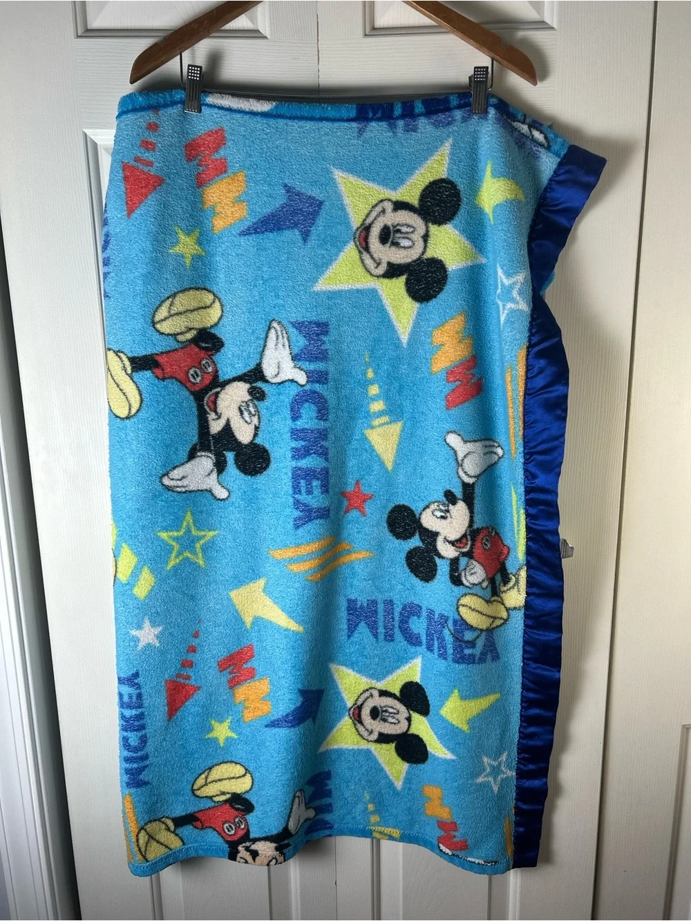 Disney Mickey Mouse Stars Blue Blanket Throw Silky Satin Edge Trim Arrows Orange